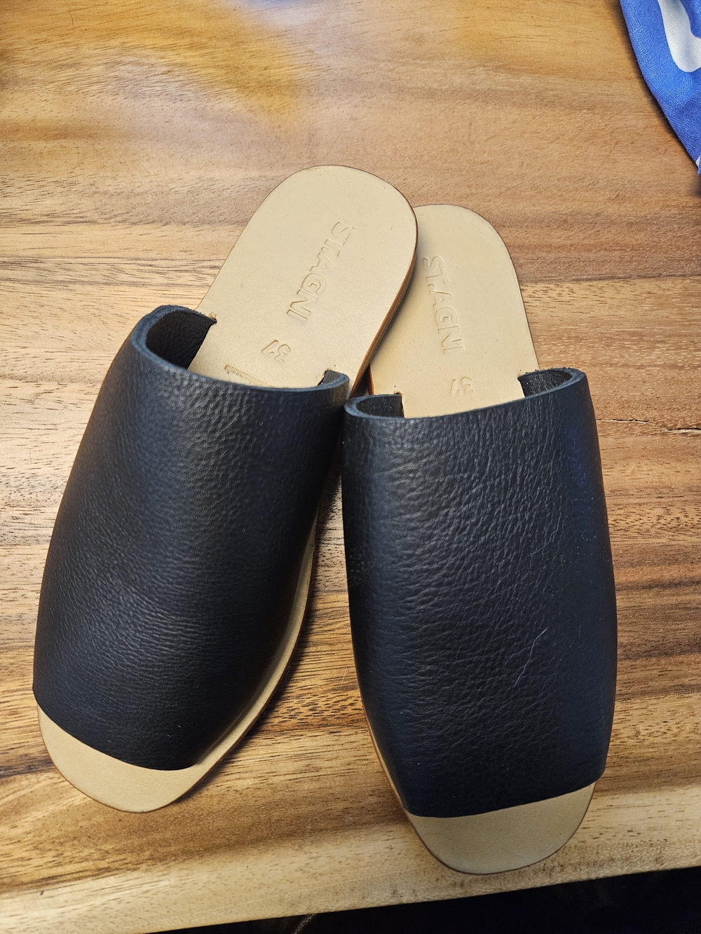 St. Agni Black Leather Slip-On Sandals with Tan Footbed